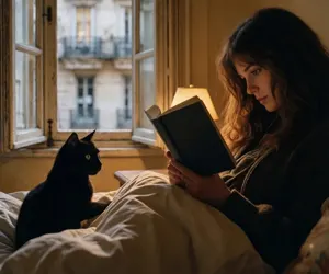 AI画像 本を読んでいる外国人女性と構ってほしい黒猫