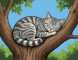AI画像 木の上で眠っているサバトラ猫