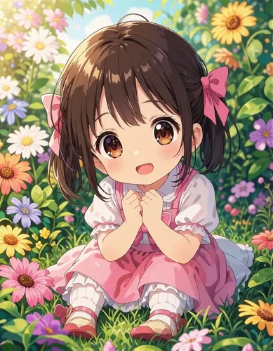 フリーAI画像, CC0 AI画像, イラスト（AI画像）, 人物（AI画像）, 子供（AI画像）, 女の子, 地面に座る, 人と花, 花畑