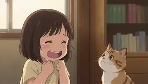 AI画像 泣いている女の子の側にいる猫