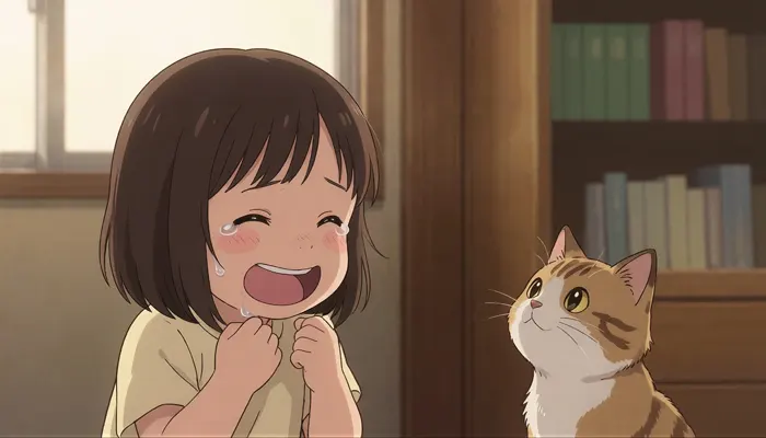 フリーAI画像, CC0 AI画像, イラスト（AI画像）, 人物（AI画像）, 子供（AI画像）, 女の子, 泣き顔（泣く）, 人と動物, 猫（ネコ）