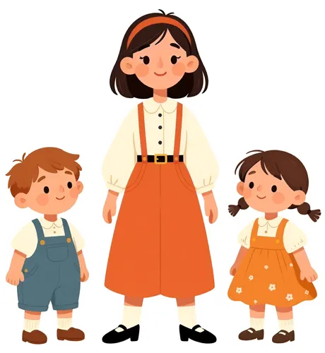 フリーAI画像, CC0 AI画像, イラスト（AI画像）, 人物（AI画像）, 家族（AI画像）, 親子, 母親（お母さん）, 息子, 娘, 三人, 兄弟（姉妹）, 全身（AI画像）