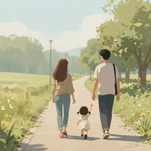 AI画像 公園や遊歩道を歩く三人家族の後ろ姿