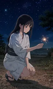 AI画像 線香花火を見ている浴衣姿の少女