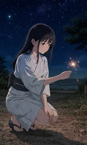 フリーAI画像, CC0 AI画像, イラスト（AI画像）, 人物（AI画像）, 少女（AI画像）, 和服姿, 浴衣, しゃがむ, 花火, 線香花火, 夜