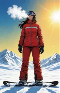 AI画像 雪山に立つ女性スノーボーダー