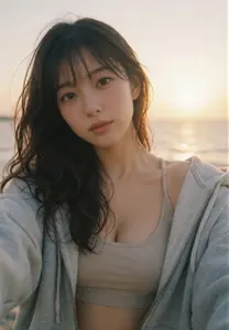 AI画像 朝日が昇る海とパーカーを羽織ったアジア人女性