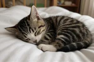AI画像 ベッドの上で眠っている子猫