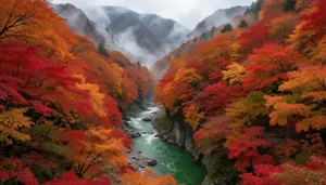 AI画像 紅葉した山の木々の間を流れる川