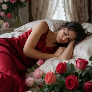 AI画像 バラの花とベッドで眠る外国人女性