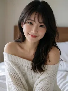 AI画像 オフショルのセーターを着てベッドに座るアジア人女性