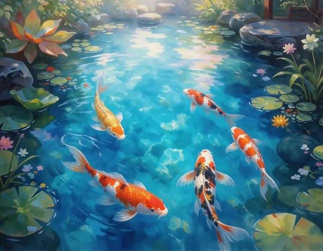 フリーAI画像, CC0 AI画像, イラスト（AI画像）, 動物（AI画像）, 魚類, 魚（サカナ）, 鯉（コイ）, 池