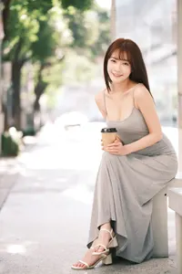 フリー写真 紙コップを膝の上に乗せてバス停のベンチに座る台湾人女性