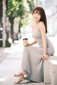 フリー写真 ロングキャミソールを着てベンチに座る台湾人女性