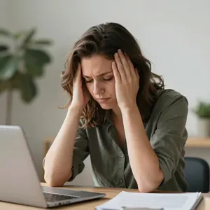 AI画像 ノートパソコンの前で頭を抱える外国人女性