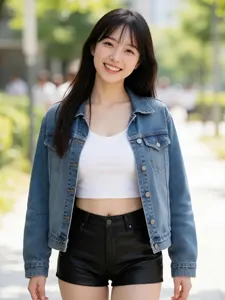 AI画像 デニムジャケットとショートパンツ姿のアジア人女性