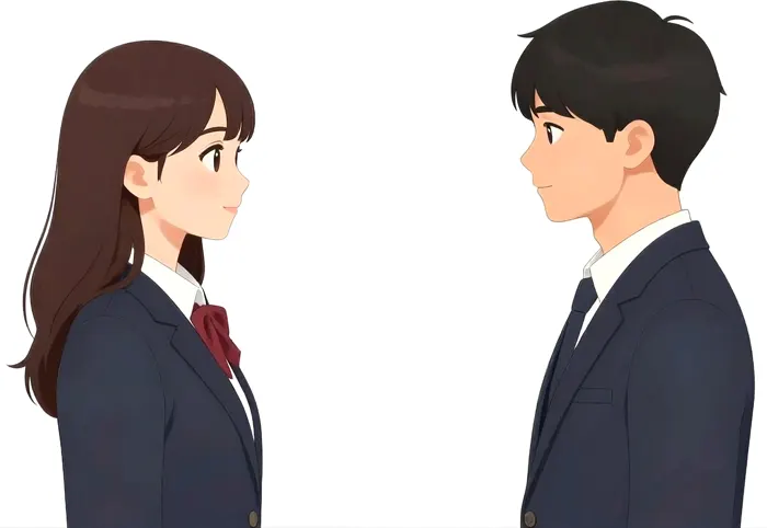 フリーAI画像, CC0 AI画像, イラスト（AI画像）, 人物（AI画像）, カップル（AI画像）, 恋人, 向かい合う, 学生（生徒）, 学生服, 高校生, 横顔, 二人, ブレザー（制服）