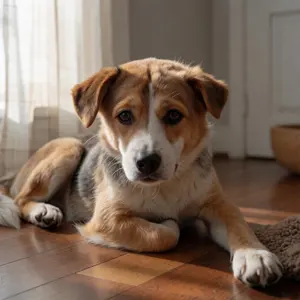 AI画像 フローリングの上でくつろぐ犬