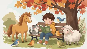 AI画像 紅葉した木の下で本を読む男の子と集まる動物たち