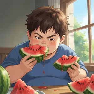 AI画像 スイカを貪り食う男の子