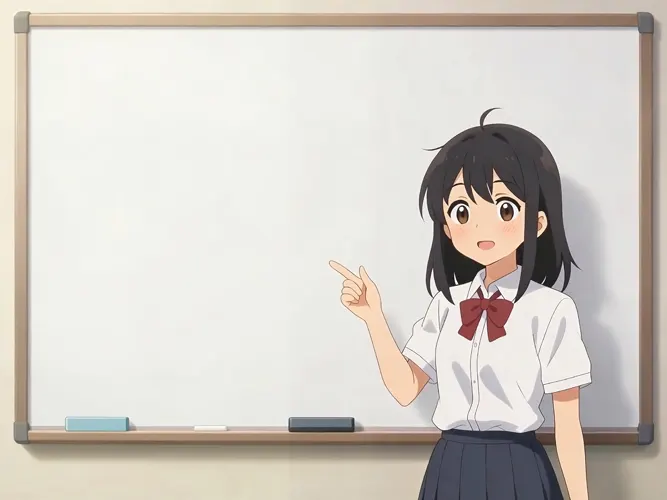 フリーAI画像, CC0 AI画像, イラスト（AI画像）, 人物（AI画像）, 少女（AI画像）, 学生（生徒）, 学生服, 高校生, 中学生, スクールブラウス, 指差す, ホワイトボード