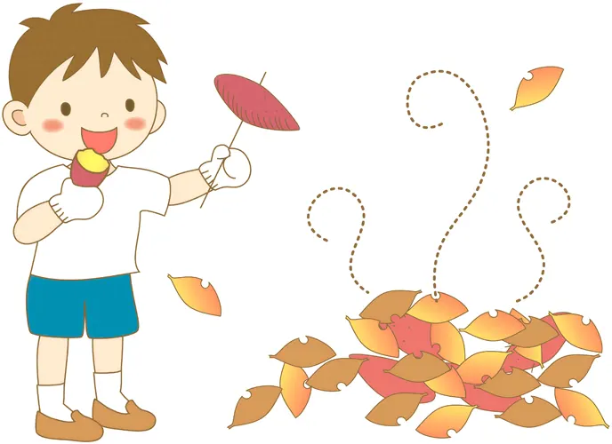 フリーイラスト, CC0 イラスト, 人物（イラスト）, 子供（イラスト）, 男の子, 食べ物（イラスト）, 野菜, サツマイモ, 秋（イラスト）, 芋（イモ）, 食べる, 焼き芋（やきいも）, 落ち葉