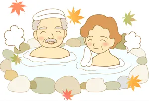 フリーイラスト 温泉に入る老夫婦