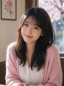 AI画像 ピンク色のカーディアンを着たアジア人女性