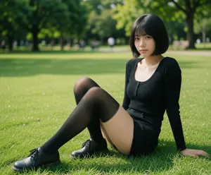 AI画像 公園の芝生の上に座るアジア人女性
