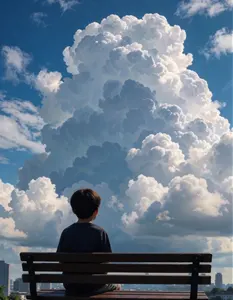 AI画像 ベンチに座って入道雲を見ている男の子